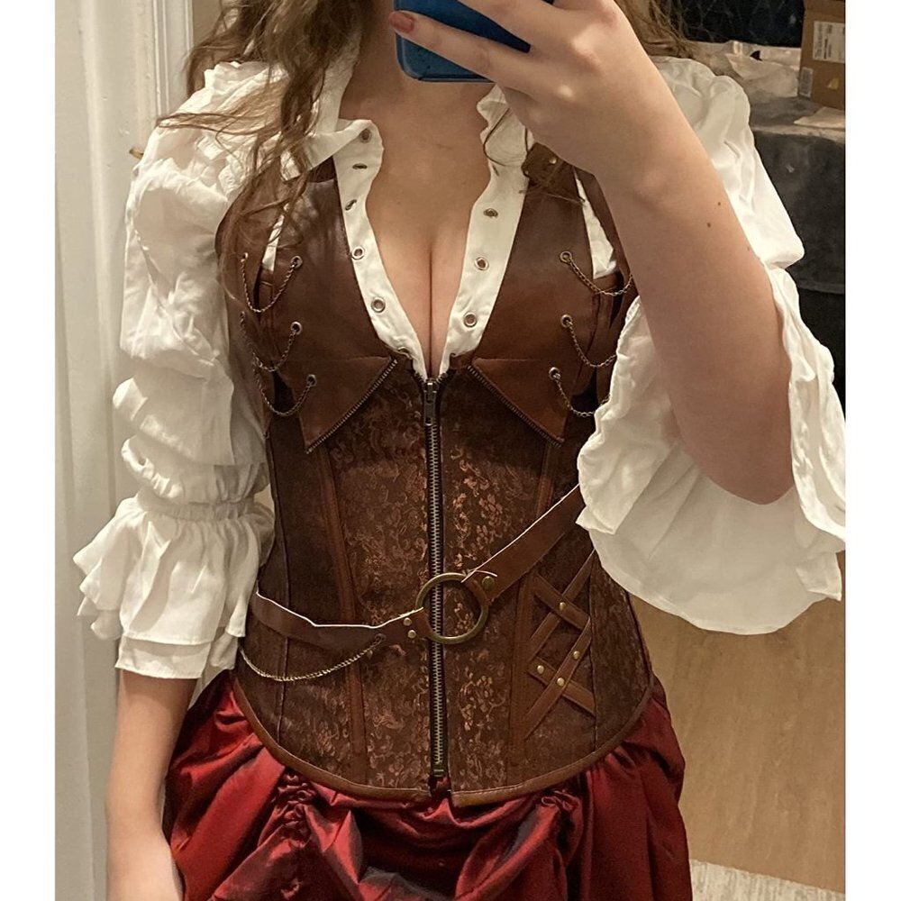 Brown Lace-Up Steampunk Corset Top with White Blouse